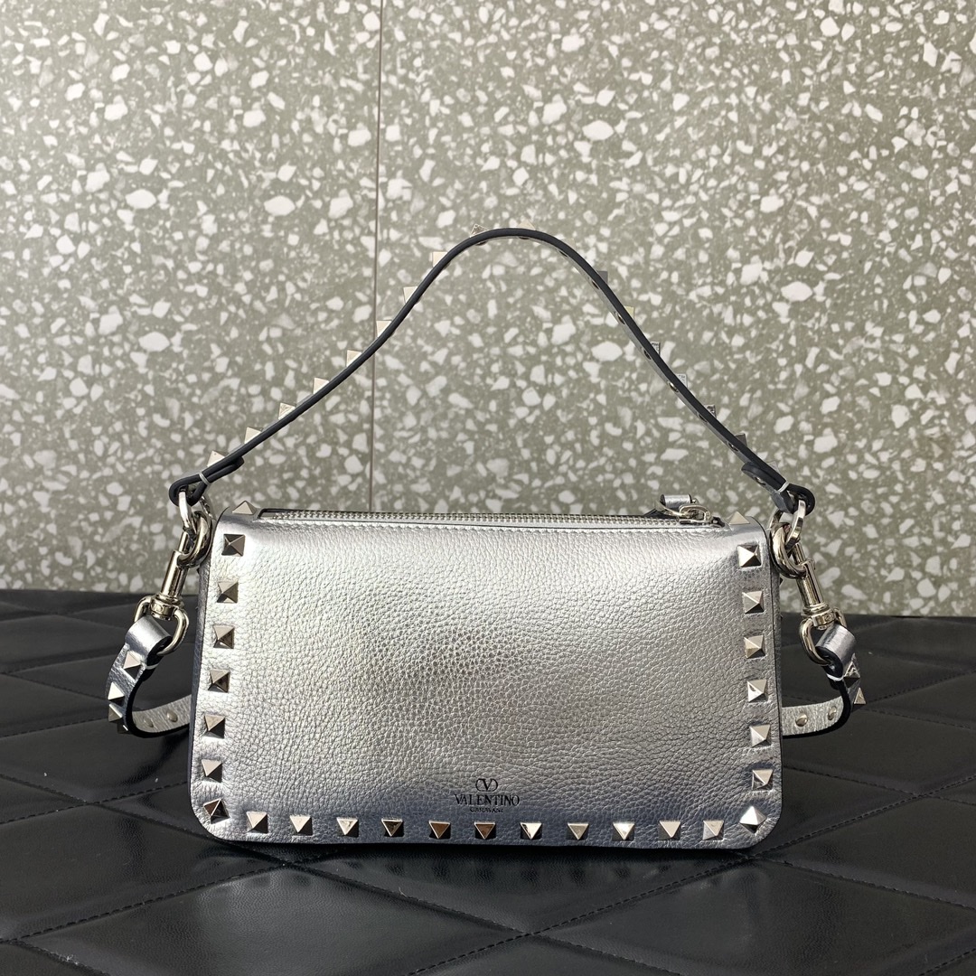 Valentino Garavani Rockstud Small Crossbody Bag in Silver Grainy Calfskin